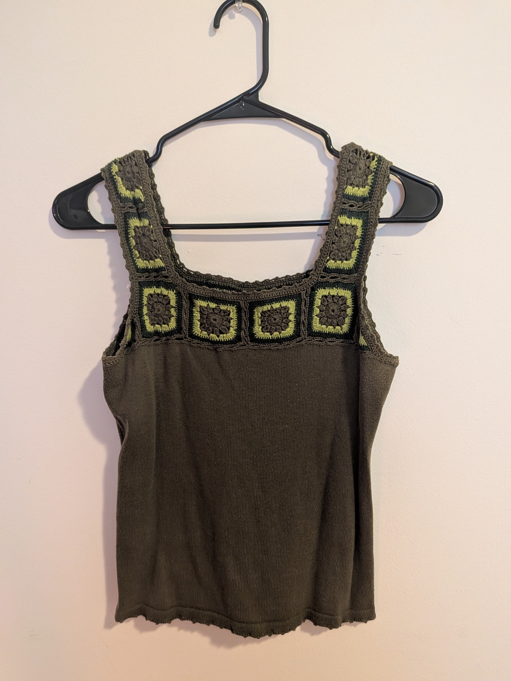 Vintage Olive Tank Top with Green Crochet Yoke